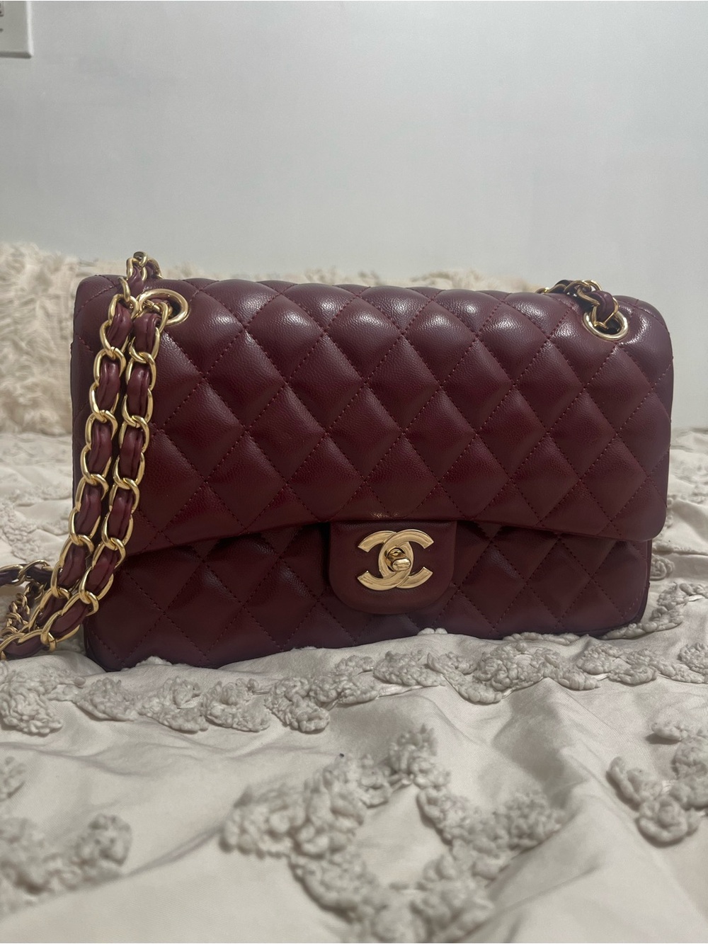 Quilted Burgundy Shoulder Bag with Gold Hardware